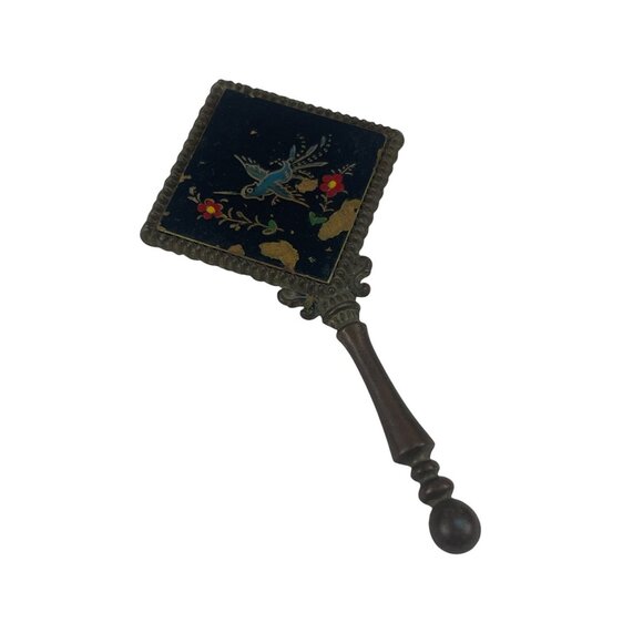 Antique Chinoiserie Tiny Handheld Mirror Ornate Handle & Intricate Bird & Floral - Picture 3 of 3